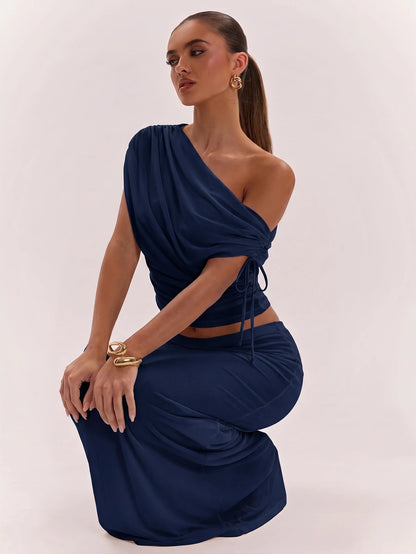 SHEIN BAE Women's Solid Color Asymmetrical Neck Top And Skirt Casual 2 Pieces Set