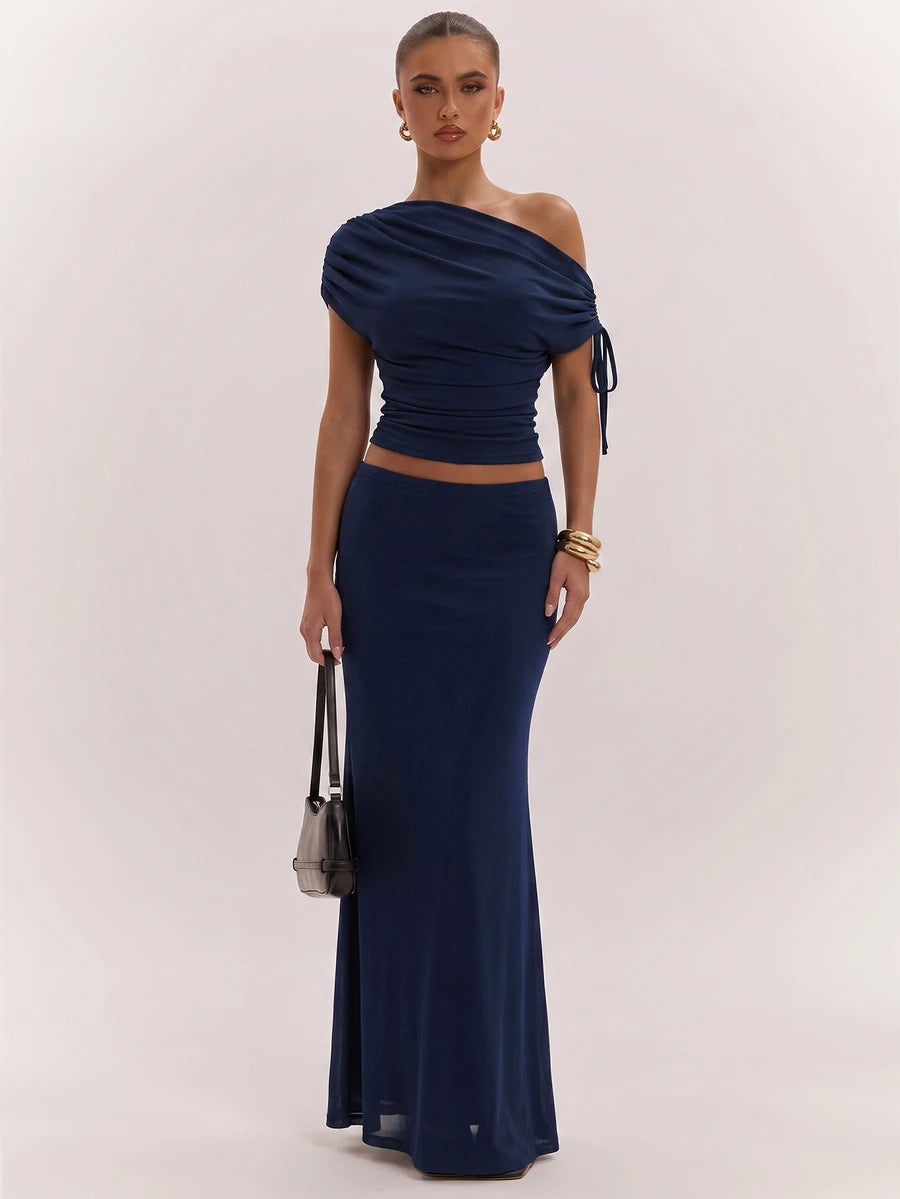 SHEIN BAE Women's Solid Color Asymmetrical Neck Top And Skirt Casual 2 Pieces Set