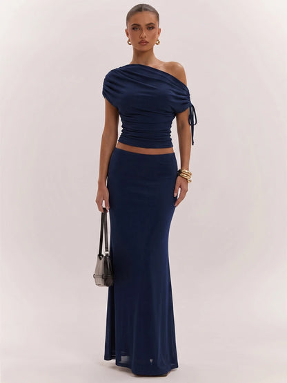 SHEIN BAE Women's Solid Color Asymmetrical Neck Top And Skirt Casual 2 Pieces Set