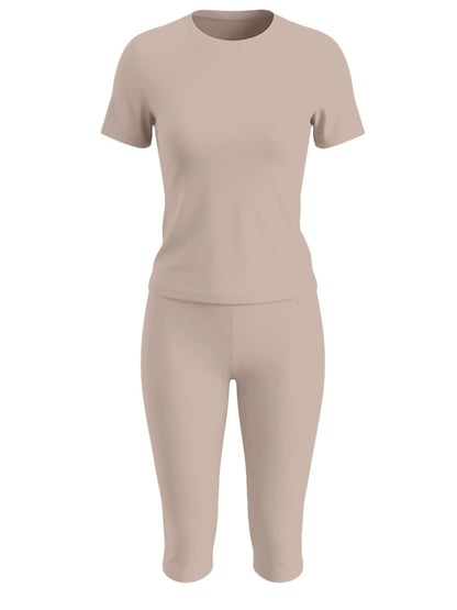 LovelyWholesale Women's Casual Crew Neck Short Sleeve Solid Color T-Shirt & 3/4 Length Pants Black 2 Pieces Set Summer Outfit Elegant