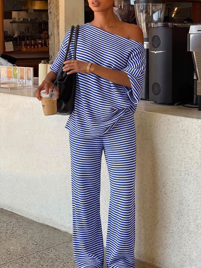 Siren Gaze Women's Fall White Casual Striped Asymmetric Collar T-Shirt Pants 2 Pieces Set Back To School Going Out Y2k Basic Streetwear Gym Halloween Sports Gym