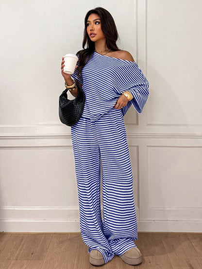 Siren Gaze Women's Fall White Casual Striped Asymmetric Collar T-Shirt Pants 2 Pieces Set Back To School Going Out Y2k Basic Streetwear Gym Halloween Sports Gym