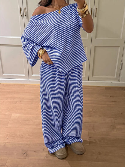 Siren Gaze Women's Fall White Casual Striped Asymmetric Collar T-Shirt Pants 2 Pieces Set Back To School Going Out Y2k Basic Streetwear Gym Halloween Sports Gym