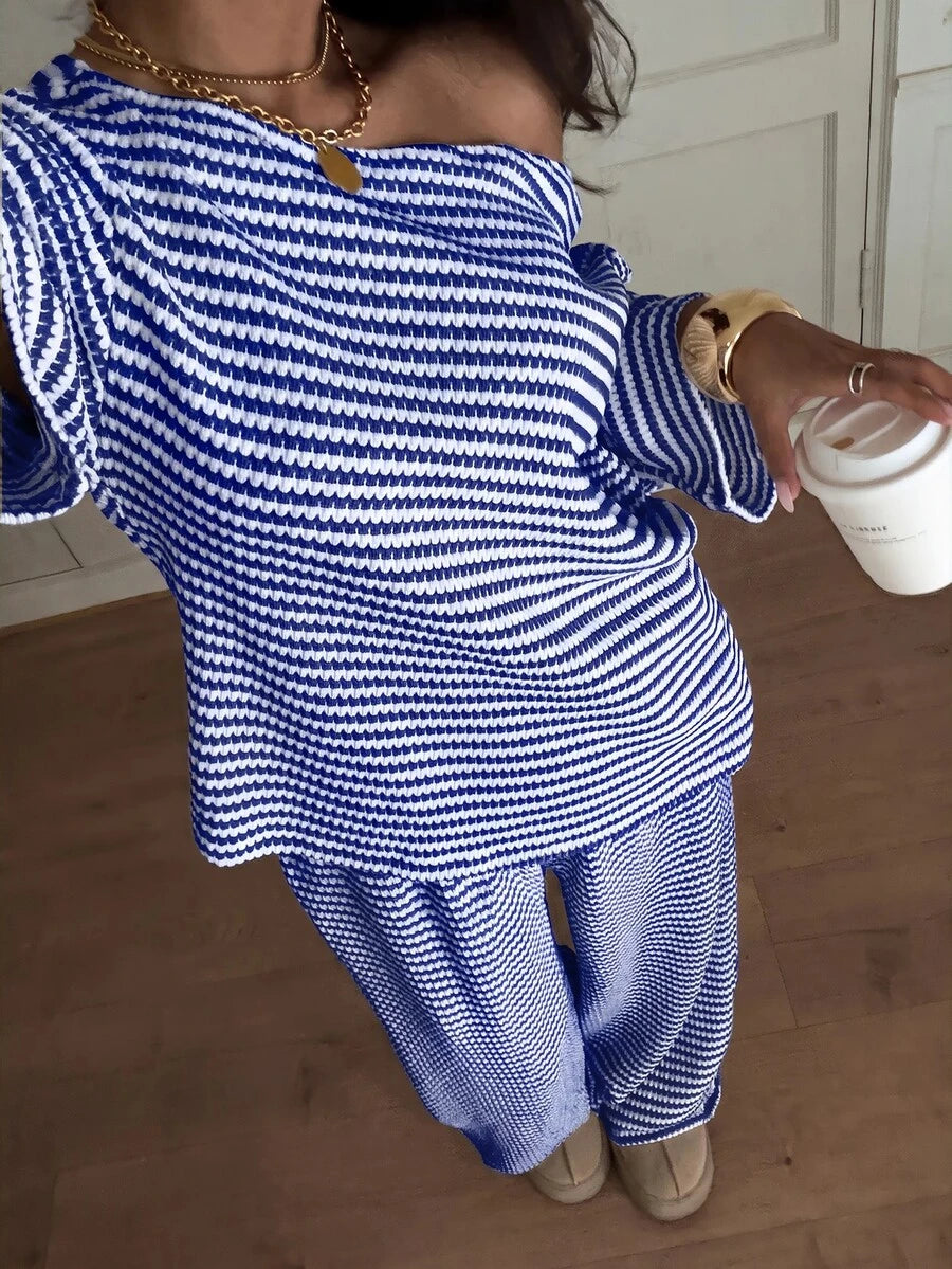 Siren Gaze Women's Fall White Casual Striped Asymmetric Collar T-Shirt Pants 2 Pieces Set Back To School Going Out Y2k Basic Streetwear Gym Halloween Sports Gym
