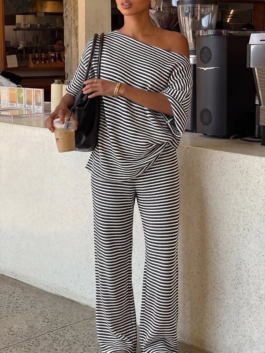 Siren Gaze Women's Fall White Casual Striped Asymmetric Collar T-Shirt Pants 2 Pieces Set Back To School Going Out Y2k Basic Streetwear Gym Halloween Sports Gym