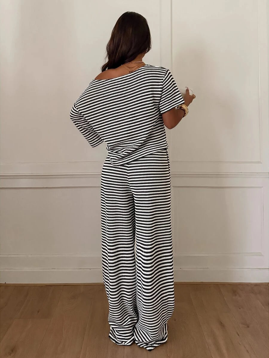 Siren Gaze Women's Fall White Casual Striped Asymmetric Collar T-Shirt Pants 2 Pieces Set Back To School Going Out Y2k Basic Streetwear Gym Halloween Sports Gym
