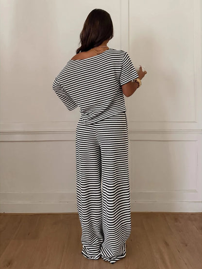 Siren Gaze Women's Fall White Casual Striped Asymmetric Collar T-Shirt Pants 2 Pieces Set Back To School Going Out Y2k Basic Streetwear Gym Halloween Sports Gym