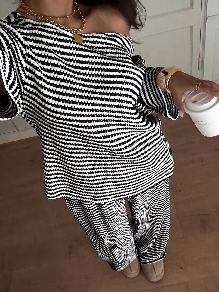 Siren Gaze Women's Fall White Casual Striped Asymmetric Collar T-Shirt Pants 2 Pieces Set Back To School Going Out Y2k Basic Streetwear Gym Halloween Sports Gym