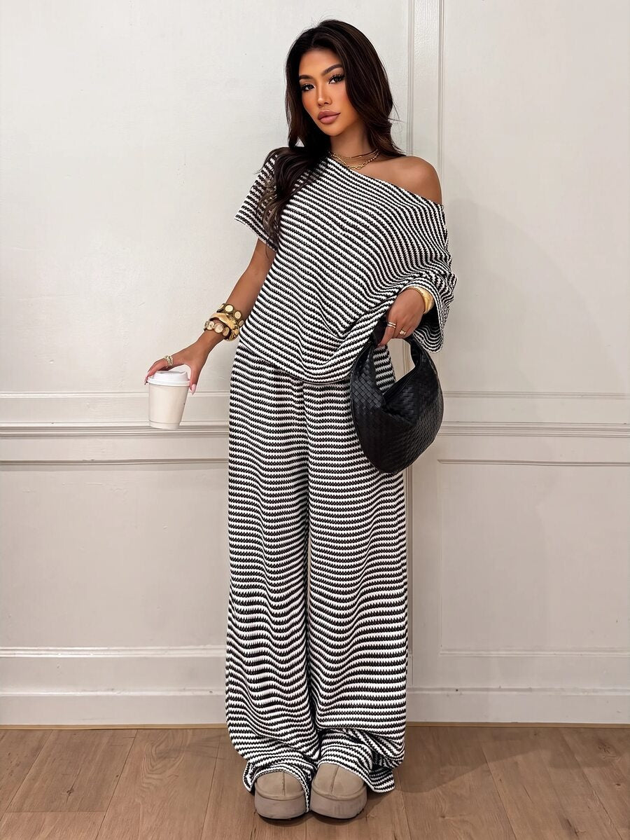 Siren Gaze Women's Fall White Casual Striped Asymmetric Collar T-Shirt Pants 2 Pieces Set Back To School Going Out Y2k Basic Streetwear Gym Halloween Sports Gym