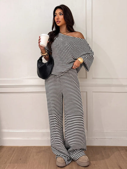 Siren Gaze Women's Fall White Casual Striped Asymmetric Collar T-Shirt Pants 2 Pieces Set Back To School Going Out Y2k Basic Streetwear Gym Halloween Sports Gym