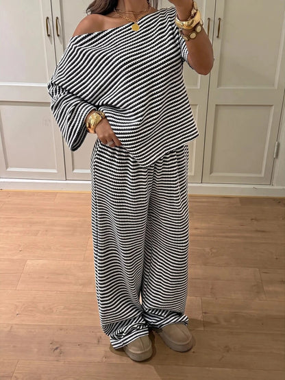Siren Gaze Women's Fall White Casual Striped Asymmetric Collar T-Shirt Pants 2 Pieces Set Back To School Going Out Y2k Basic Streetwear Gym Halloween Sports Gym