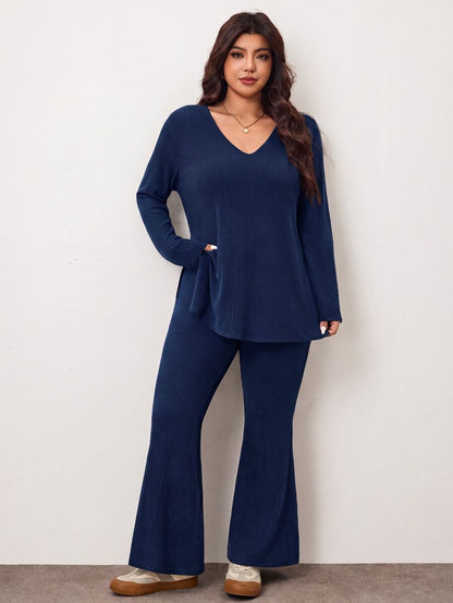 Enliva Plus Size Casual Home Wear 2 Pieces Set: Minimalist Off-Shoulder Ribbed Design, Suitable For Autumn/Winter, Flattering For Curvy Figures Fall