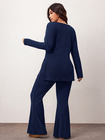 Enliva Plus Size Casual Home Wear 2 Pieces Set: Minimalist Off-Shoulder Ribbed Design, Suitable For Autumn/Winter, Flattering For Curvy Figures Fall