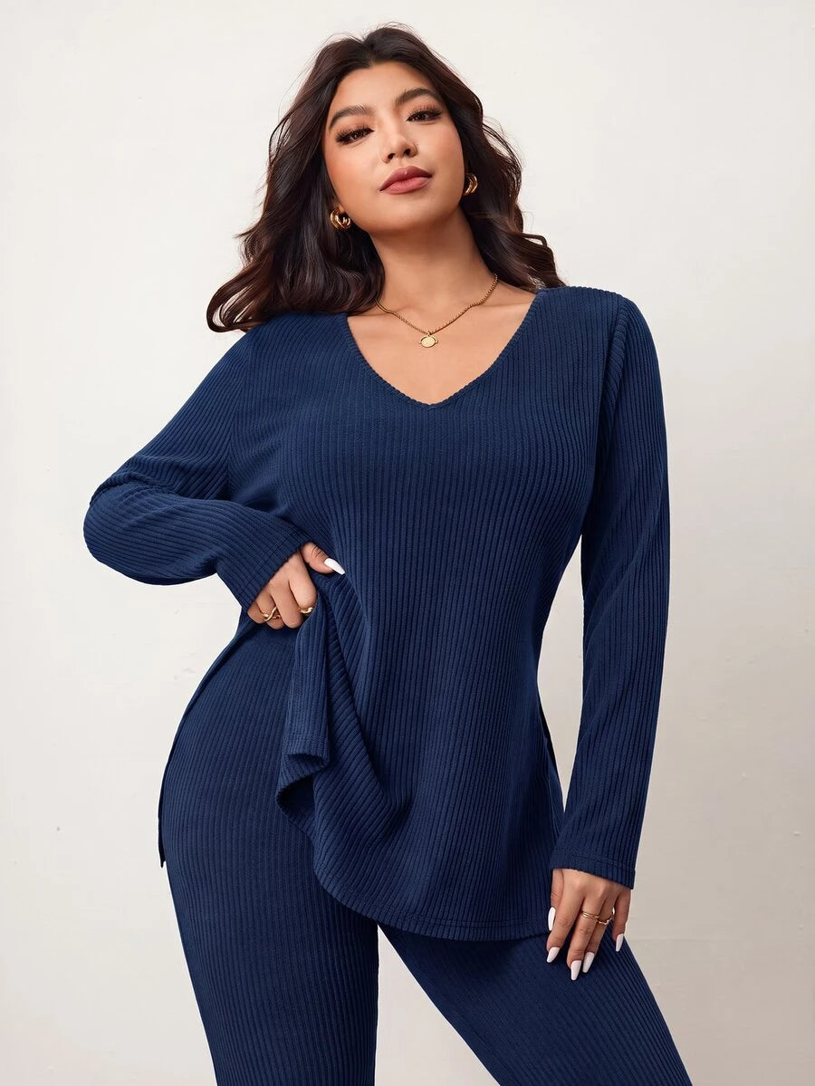 Enliva Plus Size Casual Home Wear 2 Pieces Set: Minimalist Off-Shoulder Ribbed Design, Suitable For Autumn/Winter, Flattering For Curvy Figures Fall