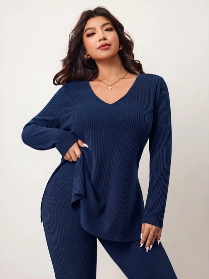 Enliva Plus Size Casual Home Wear 2 Pieces Set: Minimalist Off-Shoulder Ribbed Design, Suitable For Autumn/Winter, Flattering For Curvy Figures Fall