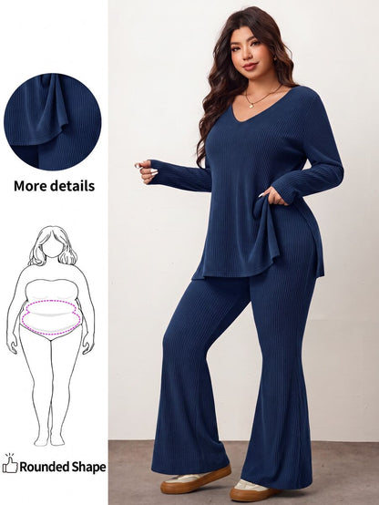 Enliva Plus Size Casual Home Wear 2 Pieces Set: Minimalist Off-Shoulder Ribbed Design, Suitable For Autumn/Winter, Flattering For Curvy Figures Fall