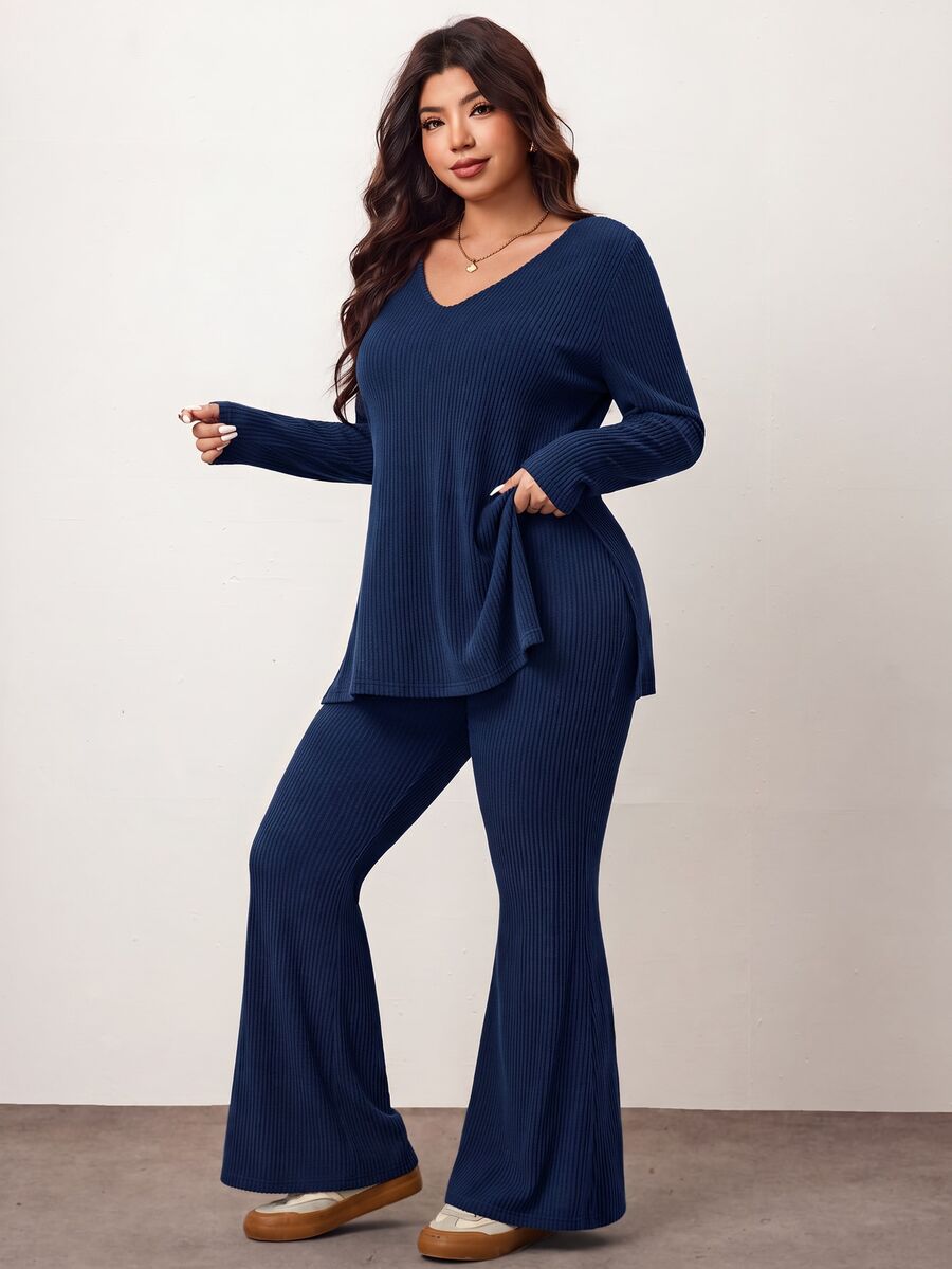 Enliva Plus Size Casual Home Wear 2 Pieces Set: Minimalist Off-Shoulder Ribbed Design, Suitable For Autumn/Winter, Flattering For Curvy Figures Fall