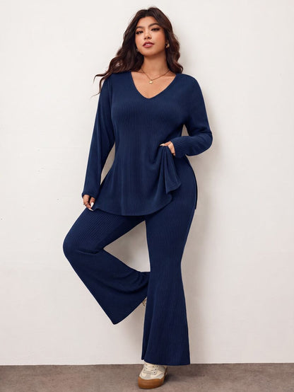 Enliva Plus Size Casual Home Wear 2 Pieces Set: Minimalist Off-Shoulder Ribbed Design, Suitable For Autumn/Winter, Flattering For Curvy Figures Fall