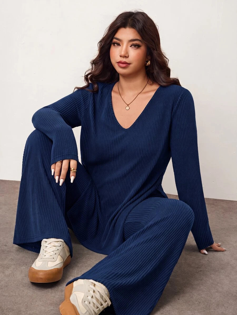 Enliva Plus Size Casual Home Wear 2 Pieces Set: Minimalist Off-Shoulder Ribbed Design, Suitable For Autumn/Winter, Flattering For Curvy Figures Fall
