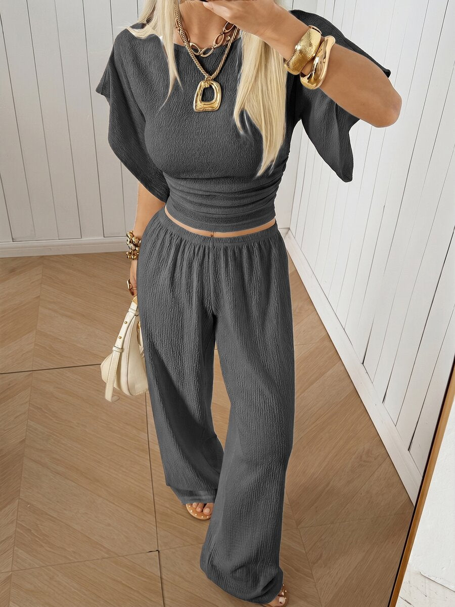 SHEIN EZwear Women's Solid Color Pleated Top And Elastic Waist Long Pants Casual Daily Set Brunch Dark Brown Summer