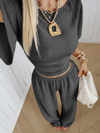 SHEIN EZwear Women's Solid Color Pleated Top And Elastic Waist Long Pants Casual Daily Set Brunch Dark Brown Summer