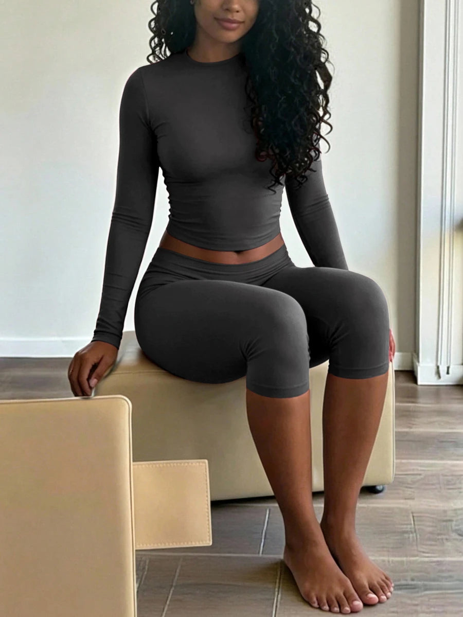 INAWLY Solva Women's Solid Color Crew Neck Long Sleeve T-Shirt And Leggings 2-Piece Set