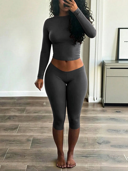 INAWLY Solva Women's Solid Color Crew Neck Long Sleeve T-Shirt And Leggings 2-Piece Set