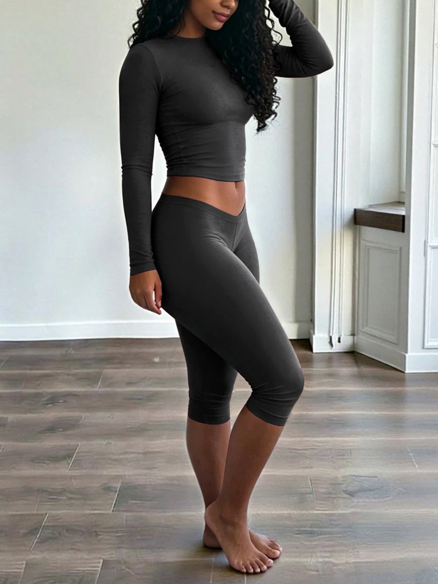 INAWLY Solva Women's Solid Color Crew Neck Long Sleeve T-Shirt And Leggings 2-Piece Set