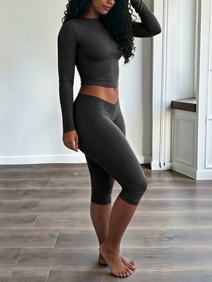 INAWLY Solva Women's Solid Color Crew Neck Long Sleeve T-Shirt And Leggings 2-Piece Set