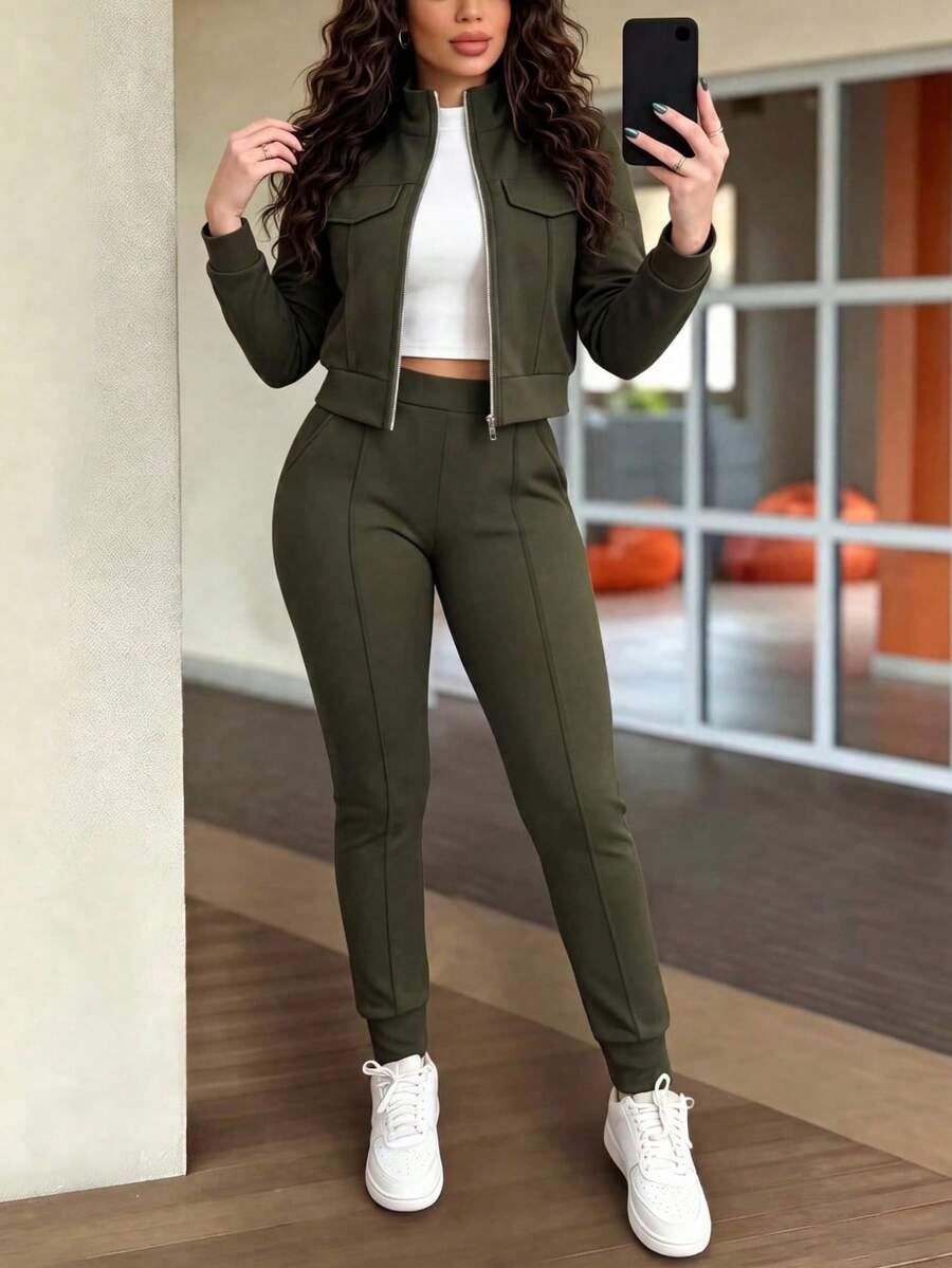 2pcs Women Set In Spring/Autumn/Winter, Minimal Solid Color Versatile Zip Up Short Jacket Tops With Elastic Waist Pocket Skinny Pants Casual Elegant