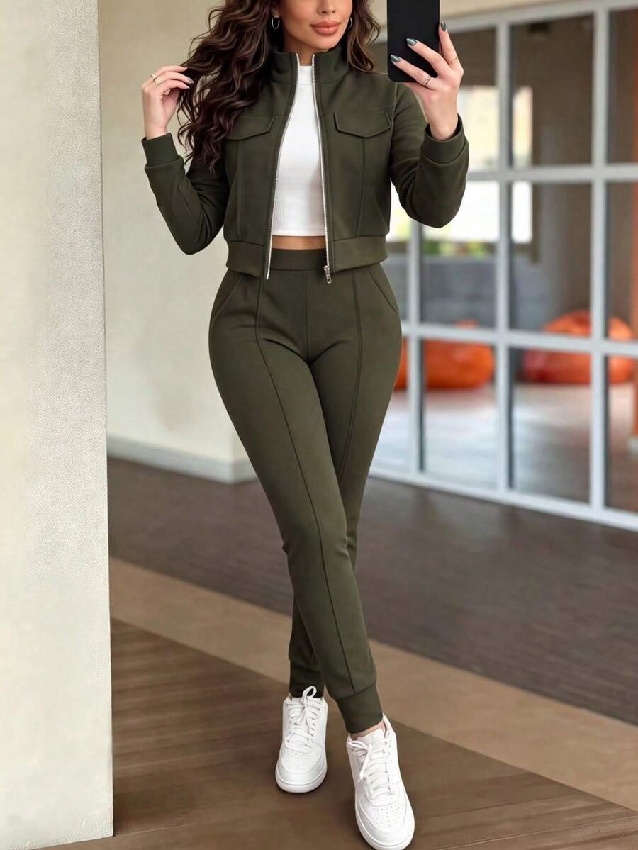 2pcs Women Set In Spring/Autumn/Winter, Minimal Solid Color Versatile Zip Up Short Jacket Tops With Elastic Waist Pocket Skinny Pants Casual Elegant