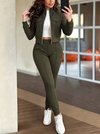 2pcs Women Set In Spring/Autumn/Winter, Minimal Solid Color Versatile Zip Up Short Jacket Tops With Elastic Waist Pocket Skinny Pants Casual Elegant