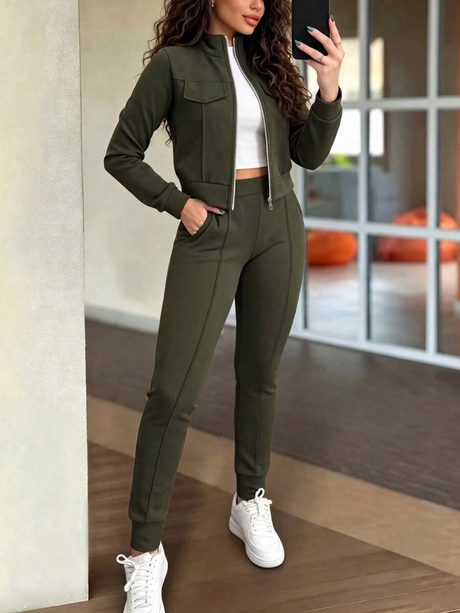 2pcs Women Set In Spring/Autumn/Winter, Minimal Solid Color Versatile Zip Up Short Jacket Tops With Elastic Waist Pocket Skinny Pants Casual Elegant