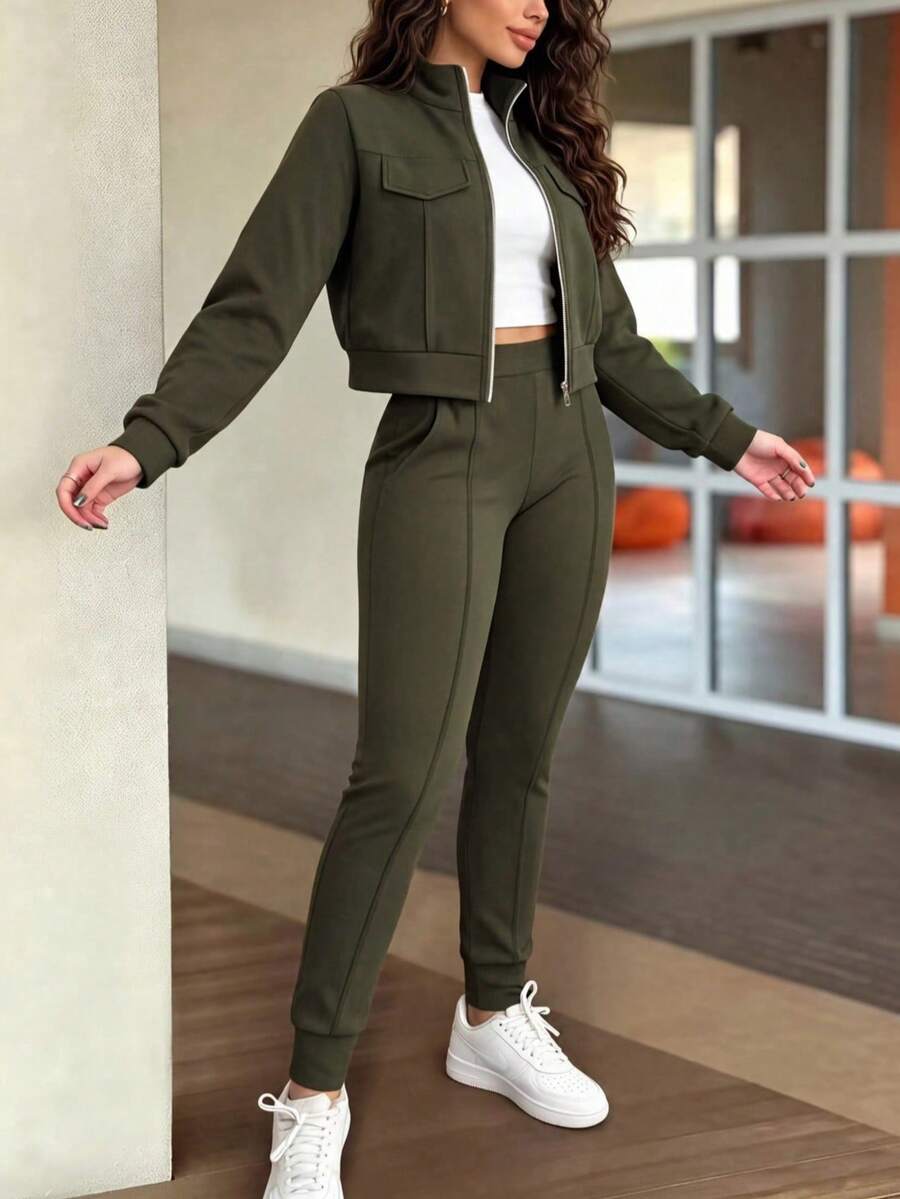2pcs Women Set In Spring/Autumn/Winter, Minimal Solid Color Versatile Zip Up Short Jacket Tops With Elastic Waist Pocket Skinny Pants Casual Elegant