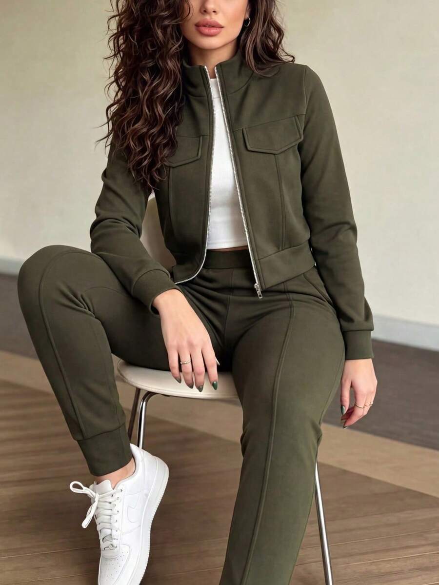2pcs Women Set In Spring/Autumn/Winter, Minimal Solid Color Versatile Zip Up Short Jacket Tops With Elastic Waist Pocket Skinny Pants Casual Elegant
