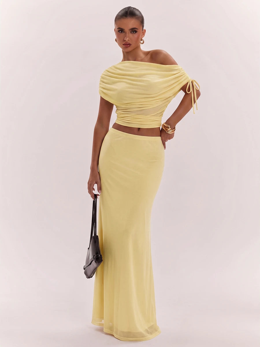 SHEIN BAE Women's Solid Color Asymmetrical Neck Top And Skirt Casual 2 Pieces Set