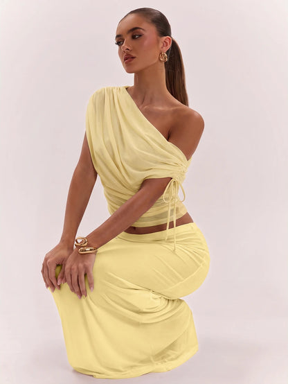 SHEIN BAE Women's Solid Color Asymmetrical Neck Top And Skirt Casual 2 Pieces Set