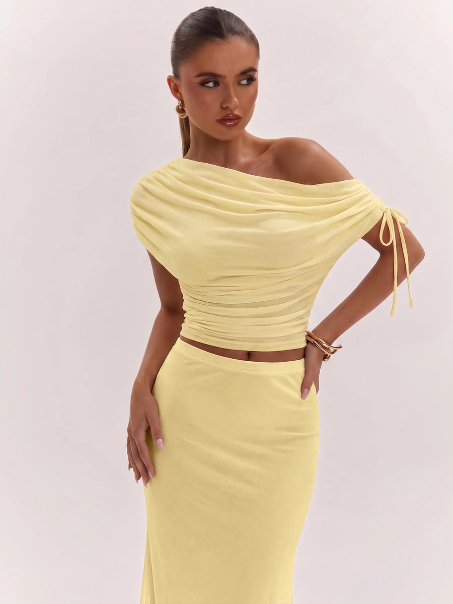 SHEIN BAE Women's Solid Color Asymmetrical Neck Top And Skirt Casual 2 Pieces Set