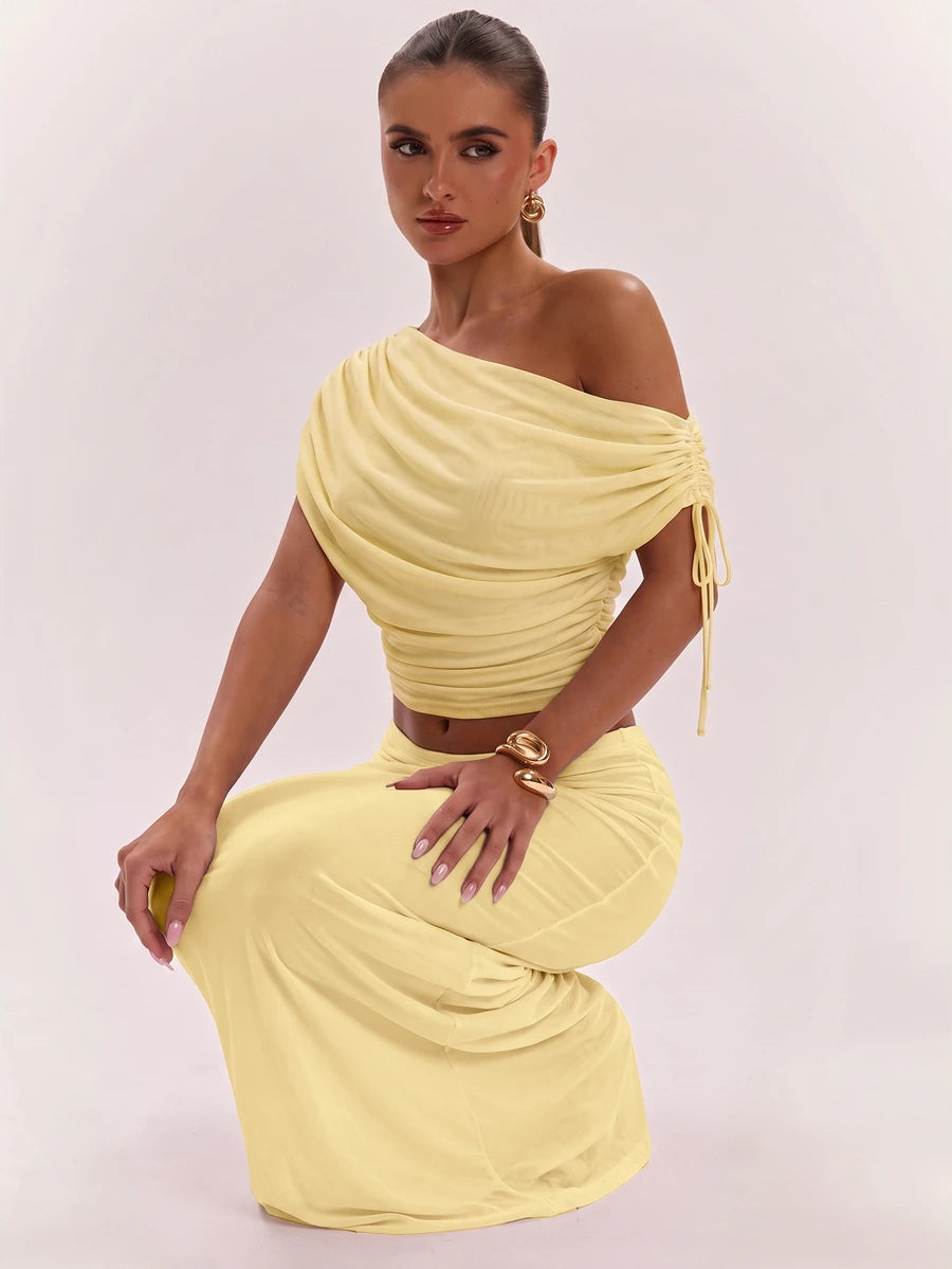SHEIN BAE Women's Solid Color Asymmetrical Neck Top And Skirt Casual 2 Pieces Set