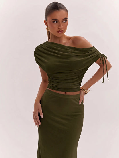 SHEIN BAE Women's Solid Color Asymmetrical Neck Top And Skirt Casual 2 Pieces Set