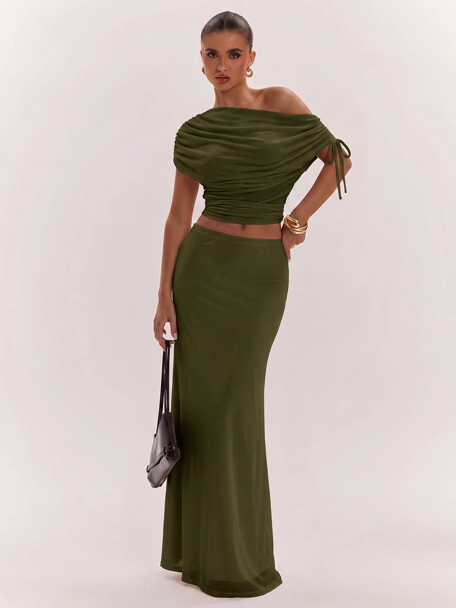 SHEIN BAE Women's Solid Color Asymmetrical Neck Top And Skirt Casual 2 Pieces Set