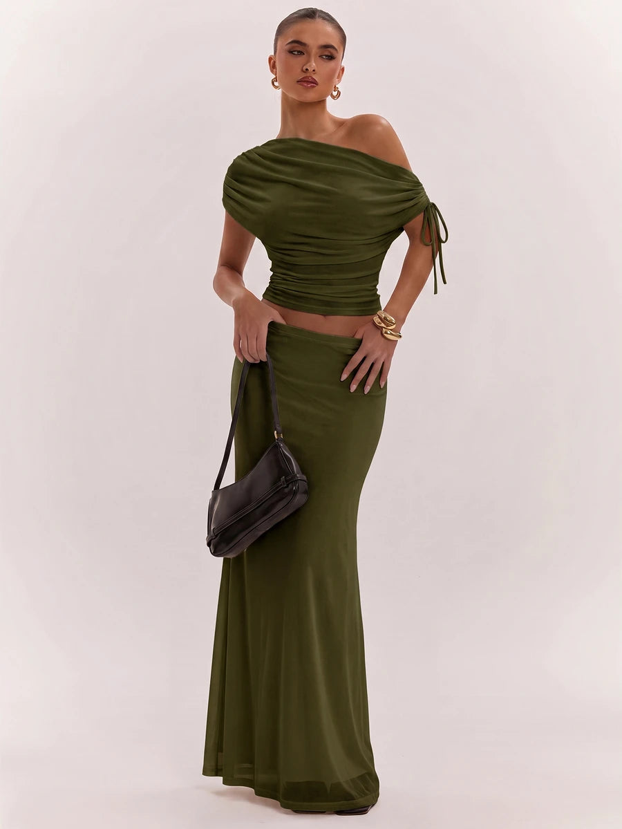 SHEIN BAE Women's Solid Color Asymmetrical Neck Top And Skirt Casual 2 Pieces Set