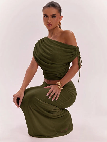 SHEIN BAE Women's Solid Color Asymmetrical Neck Top And Skirt Casual 2 Pieces Set