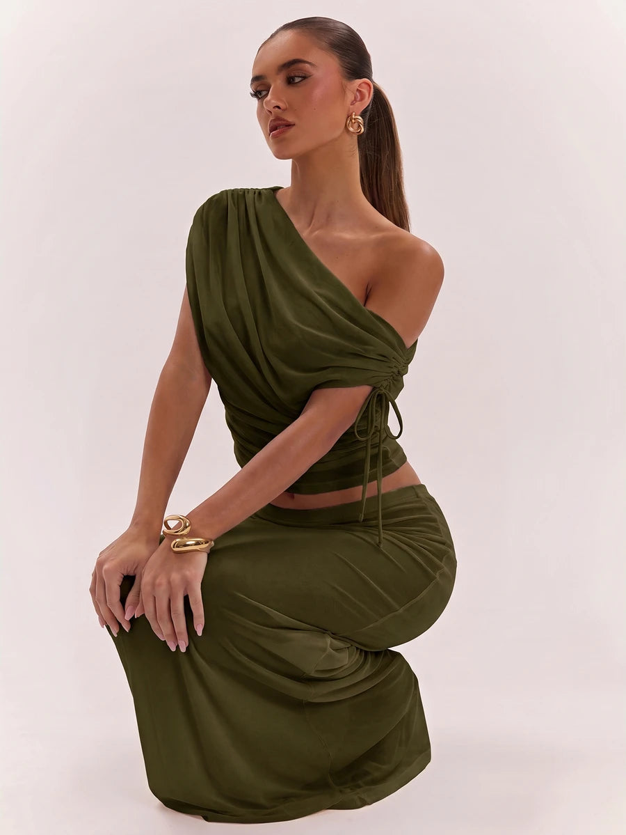 SHEIN BAE Women's Solid Color Asymmetrical Neck Top And Skirt Casual 2 Pieces Set