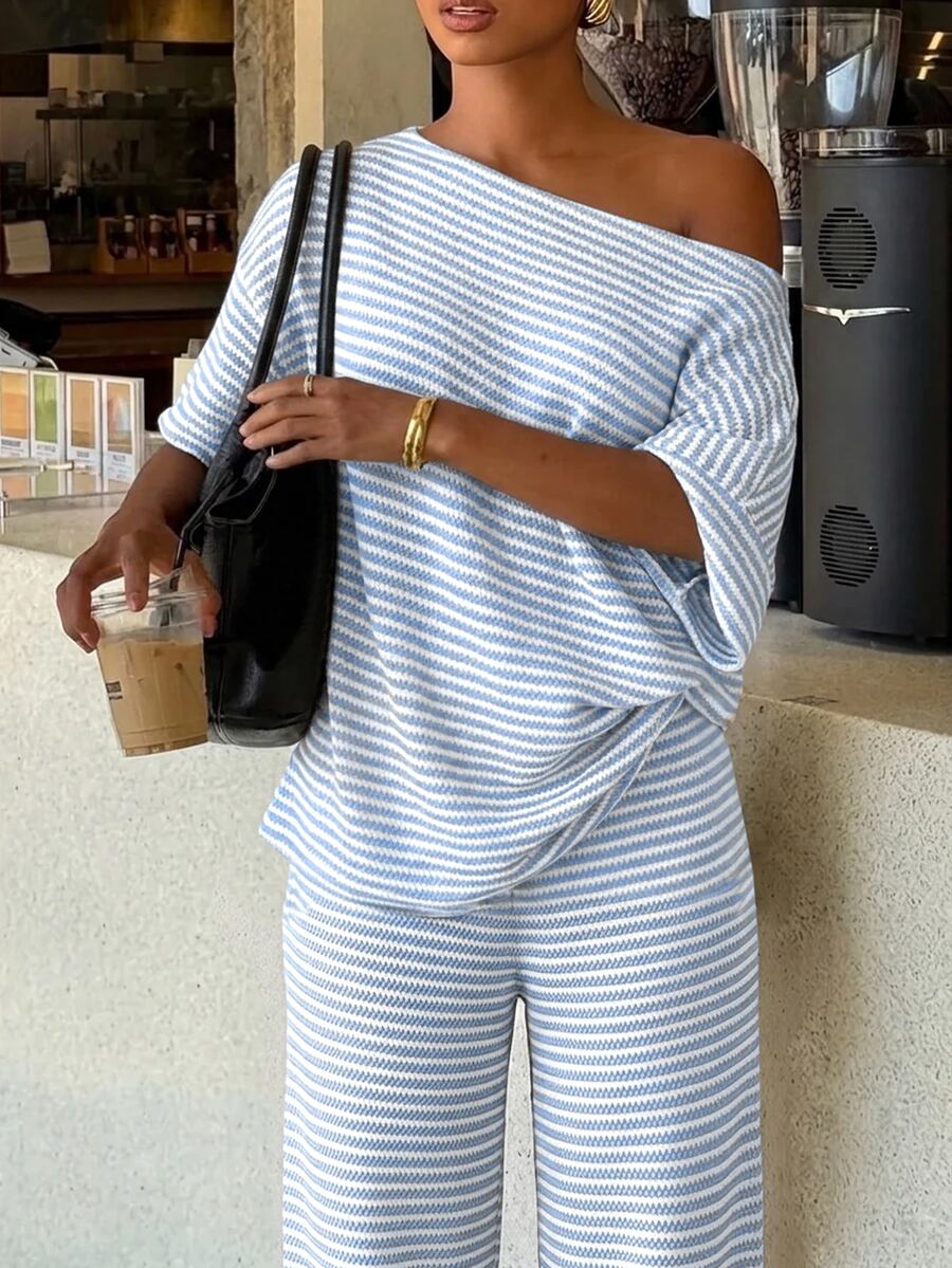Siren Gaze Women's Fall White Casual Striped Asymmetric Collar T-Shirt Pants 2 Pieces Set Back To School Going Out Y2k Basic Streetwear Gym Halloween Sports Gym