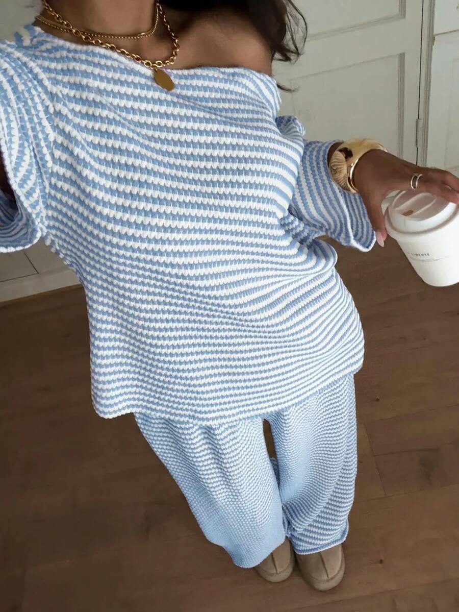 Siren Gaze Women's Fall White Casual Striped Asymmetric Collar T-Shirt Pants 2 Pieces Set Back To School Going Out Y2k Basic Streetwear Gym Halloween Sports Gym