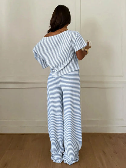 Siren Gaze Women's Fall White Casual Striped Asymmetric Collar T-Shirt Pants 2 Pieces Set Back To School Going Out Y2k Basic Streetwear Gym Halloween Sports Gym