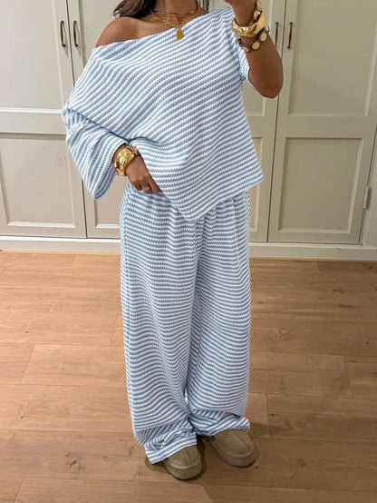 Siren Gaze Women's Fall White Casual Striped Asymmetric Collar T-Shirt Pants 2 Pieces Set Back To School Going Out Y2k Basic Streetwear Gym Halloween Sports Gym