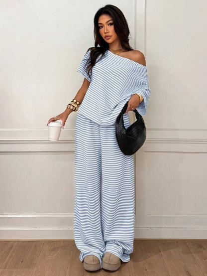 Siren Gaze Women's Fall White Casual Striped Asymmetric Collar T-Shirt Pants 2 Pieces Set Back To School Going Out Y2k Basic Streetwear Gym Halloween Sports Gym