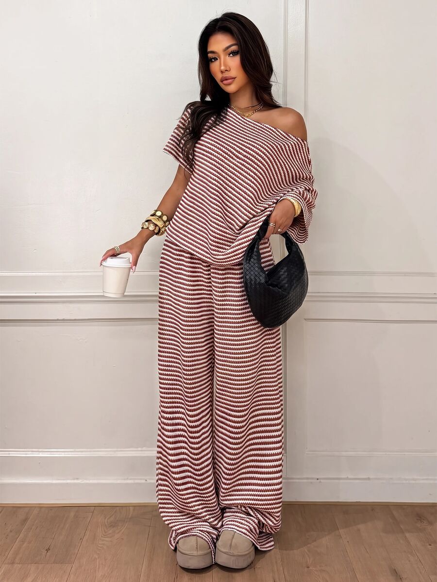 Siren Gaze Women's Fall White Casual Striped Asymmetric Collar T-Shirt Pants 2 Pieces Set Back To School Going Out Y2k Basic Streetwear Gym Halloween Sports Gym
